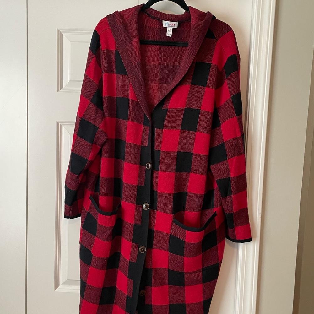 Denim&Co Red and Black Plaid Cardigan
